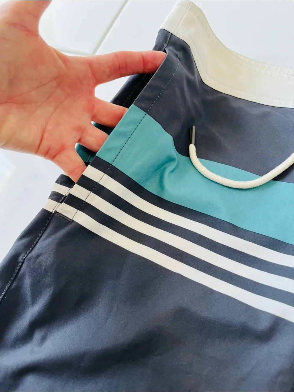 American Eagle Outfitters Navy Swim Shorts with Teal Stripe and White Waist